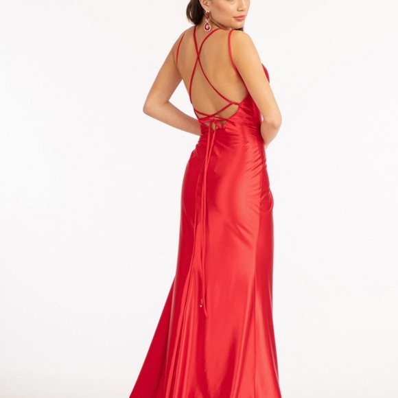 RED  Straight Across Satin Mermaid Dress w/ Lace-up Back Slit DRESS GL3061 - Picture 4 of 5